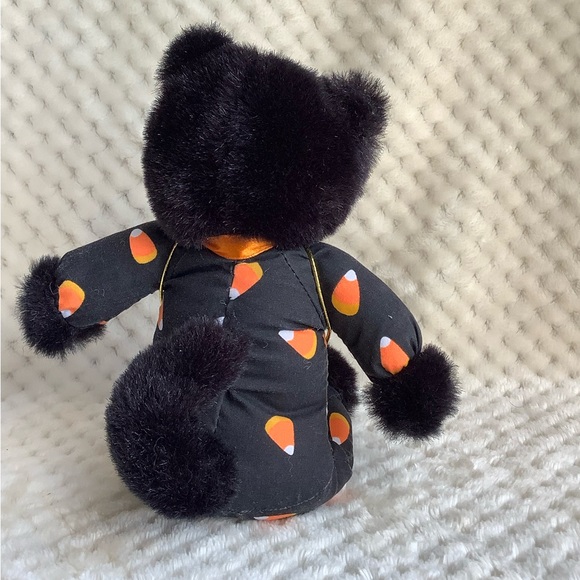 Black Stuffed Cat with Orange Bow and Candy Corn Outfit Halloween Kitty - Picture 4 of 9